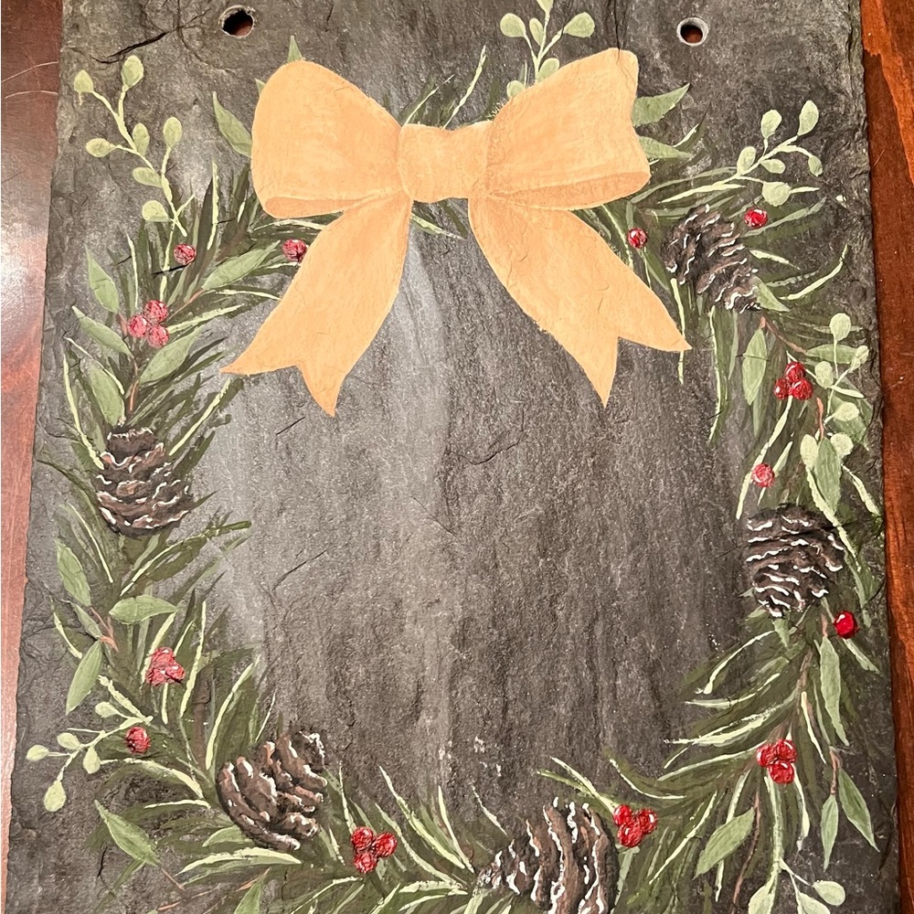 Festive Slate Wreath with Gold Bow and Pinecone Accents